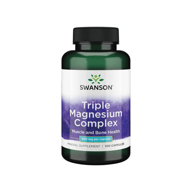 A green bottle of Swanson's Triple Magnesium Complex, labeled for muscle and bone support, contains 100 capsules at 400 mg each and aids enzyme reactions essential for optimal health.